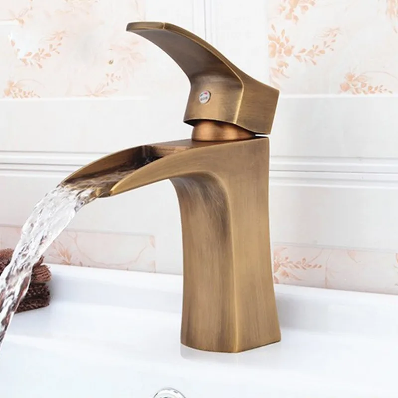 

Free shipping Deck munted antique bathroom basin faucet wiht bronze bathroom waterfall faucet and hot cold water faucet