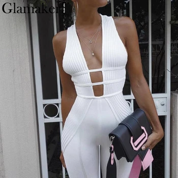Glamaker Knitted v neck sexy jumpsuit Women bodycon jumpsuits & rompers Female elegant jumpsuit long playsuit overalls jump suit