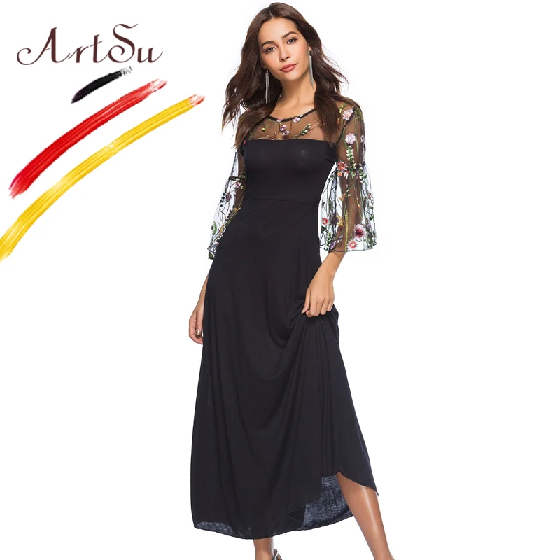 

ArtSu Black Women Sexy Hollow Out Floral Embroidery Mesh Dress Party Vestido De Festa S-5XL Plus Size Elegant Maxi Long Dresses