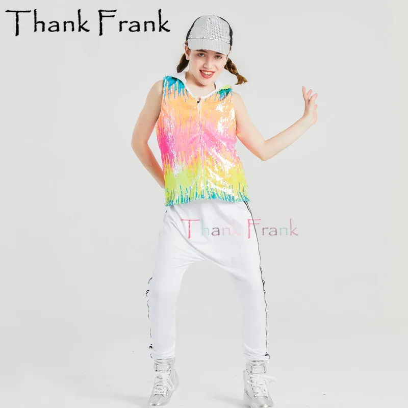 

New Hip Hop Streetwear 2-Piece Sequin Jazz Dance Costume Child Adult Cool Sleeveless Top Hip-hop Pants Set Stage Dance Wear C585