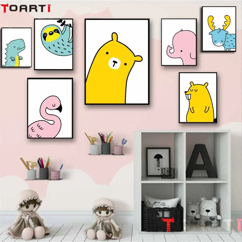Colorful Cartoon Animals Flamingo Bear Posters Prints Cute Dinosaur Lion Canvas Painting Decoration For House Kid Room Wall Art  (9)