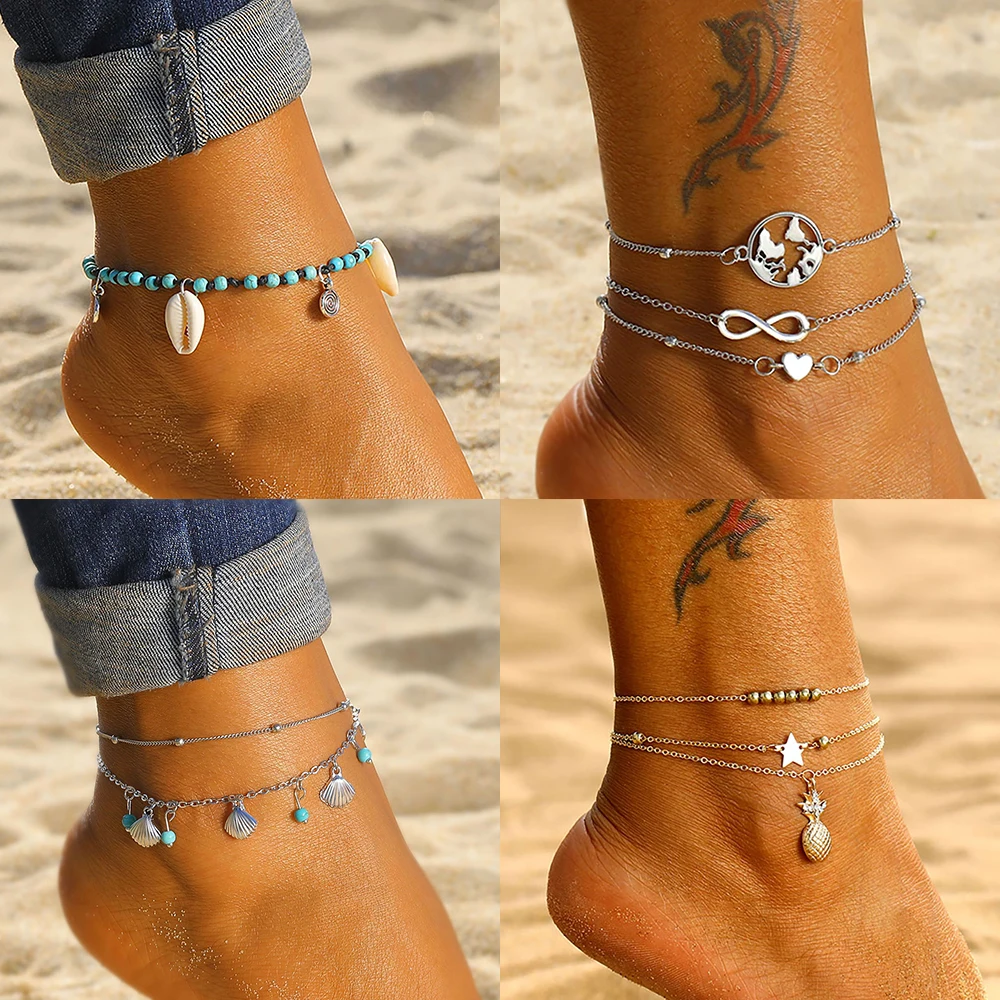 

Boho Multilayer Turtle Shell Beads Anklets For Women Moon Sun Vintage Beach Rope Ankle Bracelet on Leg Summer Foot Jewelry
