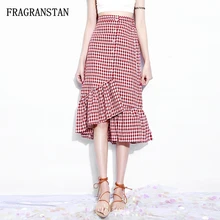Женская весенне-летняя мода дизайн клетчатая юбка рыбий хвост Империя эластичная талия Повседневная тонкая Асимметричная Женская юбка LY197