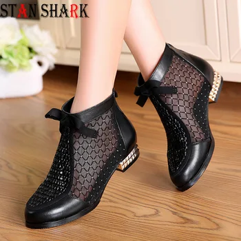 

Summer New Real Leather Rhinestones Bow Gauze Hollow Sandals Mesh Boots Real Leather Women's Shoes Hollow Boots Large Size 40-43
