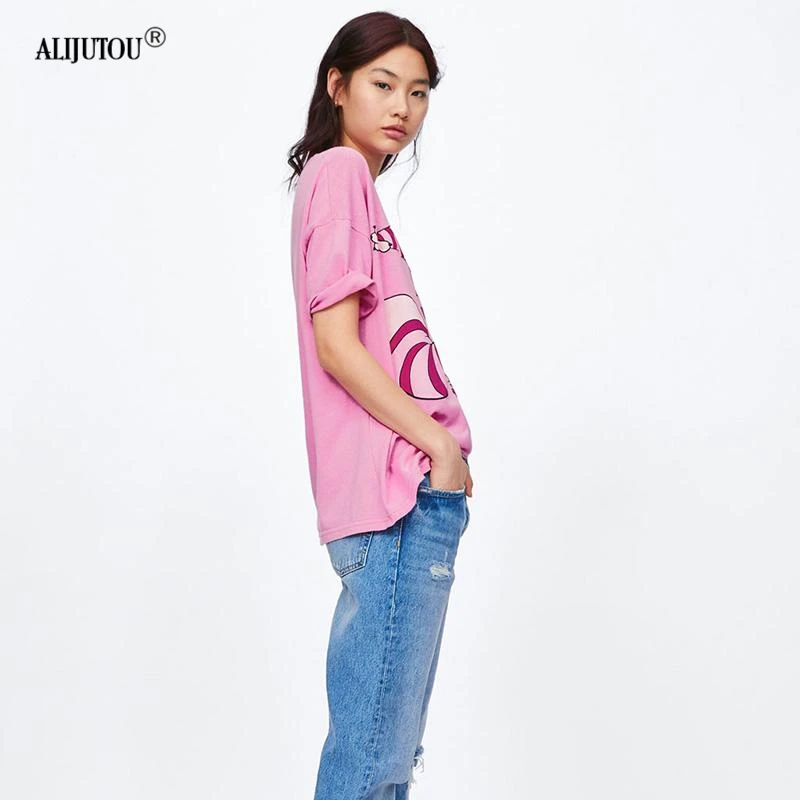 Alice In Wonderland Pink T-Shirt Women Zaraing Fashion Casual Cartoon Cheshire Cat Print Short Sleeve Tshirt Femme Graphic Tee