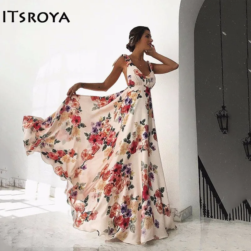 Itsroya Новое Женское пляжное платье с цветочным принтом Длинные платья для отпуска