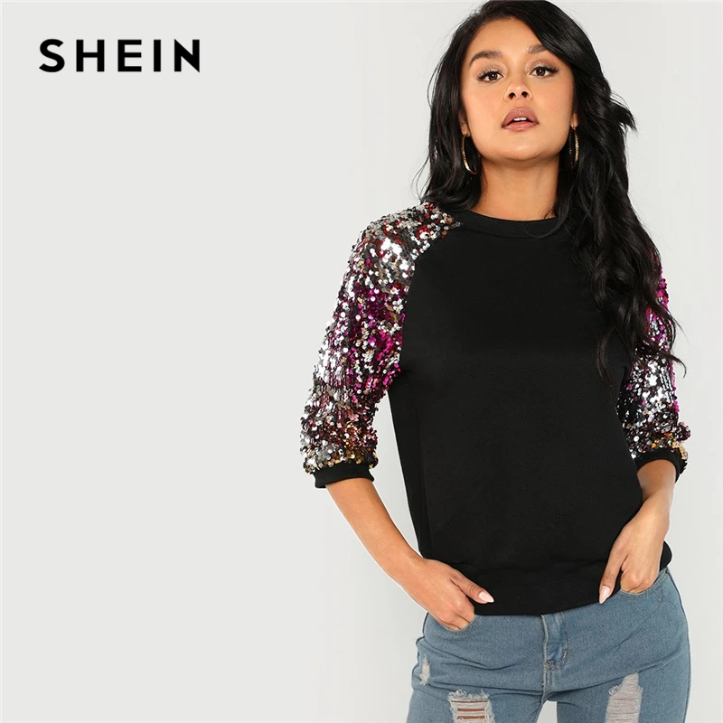En Ligne SHEIN noir Highstreet Sequin Colorblock 3 4 longueur Raglan manches Streetwear sweat 2018 automne décontracté femmes Sweatshirts