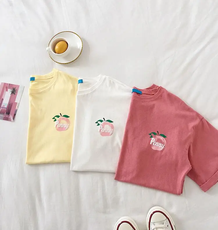 

Summer new peach print loose casual short-sleeved T-shirt