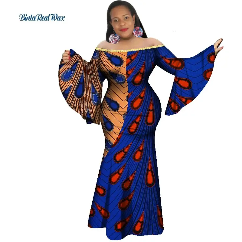 Новый Африканский принт платья для Для женщин заклепки лоскутное рюшами с длинным рукавом платье с русалочкой вечерние Vestido базинская