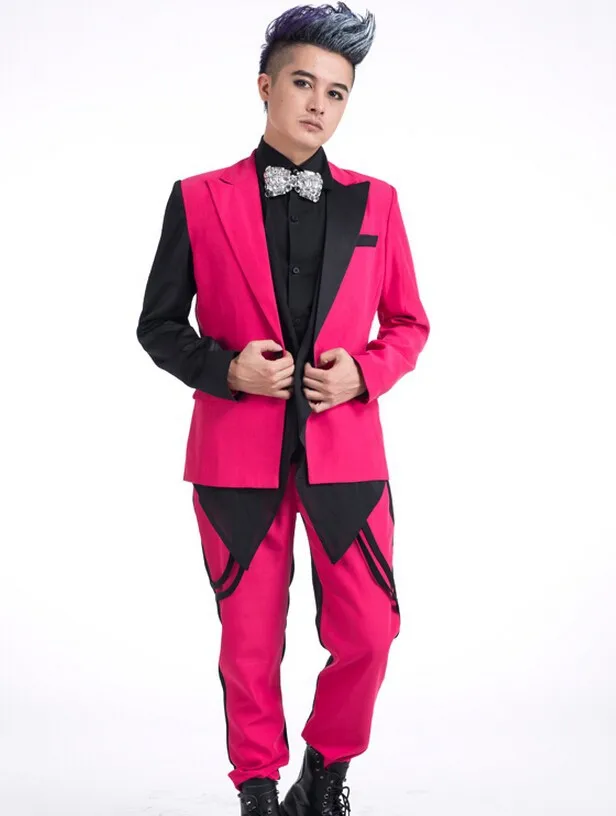 Новый стиль моды розовый мужской костюм комплект верхняя одежда певица танцы пальто мужские порошок краситель матч тонкий джентльмен
