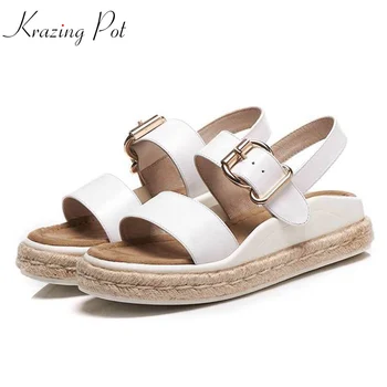 

Krazing pot genuine leather metal buckle punk mature handmade straw med heels pregnant thick bottom vacation woman sandals L51