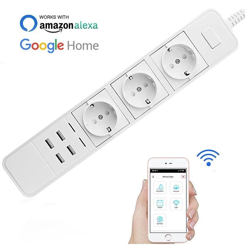 

OPC723 10A EU wifi Remote Control Power Socket Strip 3 Sockets 4 USB port single plug Support Alexa Google Assistant