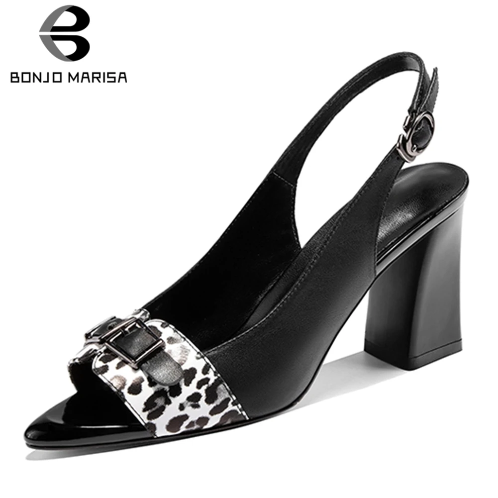 

BONJOMARISA Genuine Cow Leather Chunky High Heels Elegant Sandals Woman Shoes Buckle Peep Toe INS Hot Shoes Woman Pumps Female