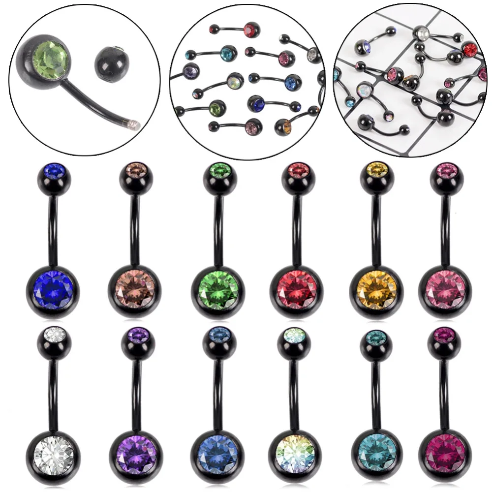 12 pcs/lot Steel Double Gem Gauged Belly Button Piercing Navel for