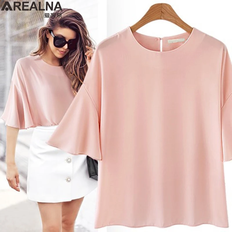 

Women blouses 2018 summer big size flare sleeve Vintage Black White Chiffon Blouse Shirts Ladies Tops Plus Size camisas mujer