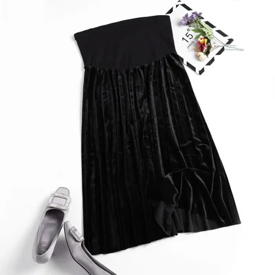 Для талии, живота, эластичная длинная юбка для беременных, Одежда для беременных, Осень-зима, Очаровательная Ретро велюровая юбка для беременных - Цвет: Black2