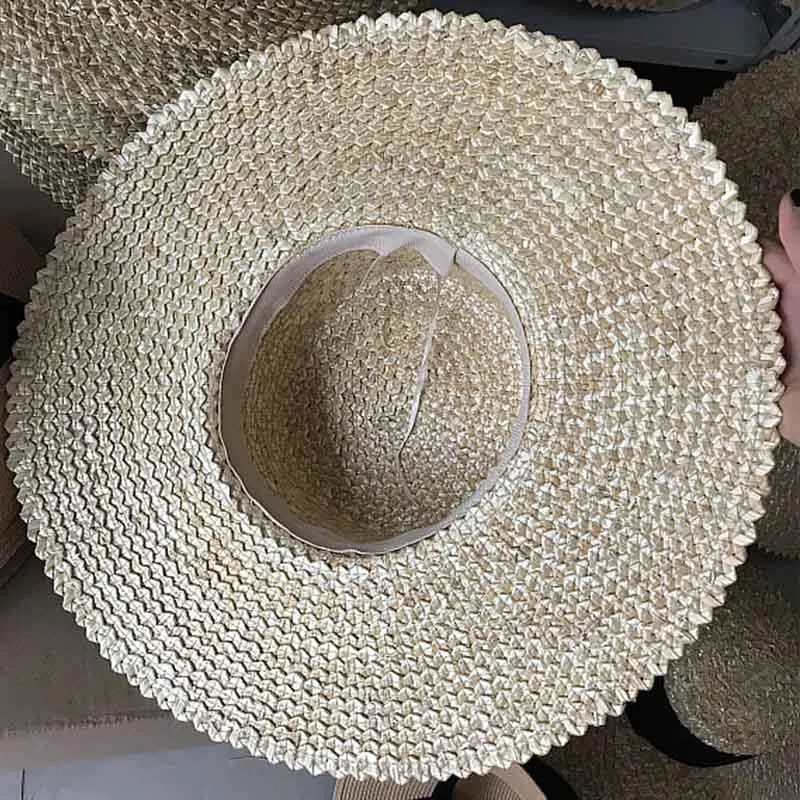 Женские плетеные шляпы от солнца ручной работы с черной лентой на шнуровке, соломенная шляпа с большими полями, пляжная шляпа для улицы, летние шапки для поездок, женские шапки