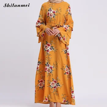 

Boho Vintage Women summer Muslim Dress Floral Printed Dubai Elegant Long Robes Swing Turkish Abaya Islamic Prayer Clothing