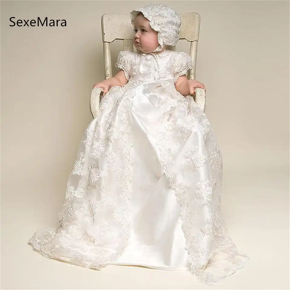 Baby Baptism Dresses Infant Girl Princess Wedding Party Flower Dress Newborn Gown White Lace Christening Dres with Bonnet
