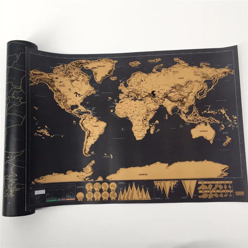 

Drop shipping 1 pcs New arrival Mini world map scratch off map world posters Foil Layer Coating Deluxe world poster map