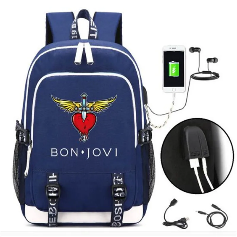 

Bon Jovi Rucksack Backpack Bag w/USB Fashion Port and Lock Teenagers Student School travel Shoulder Laptop Bag