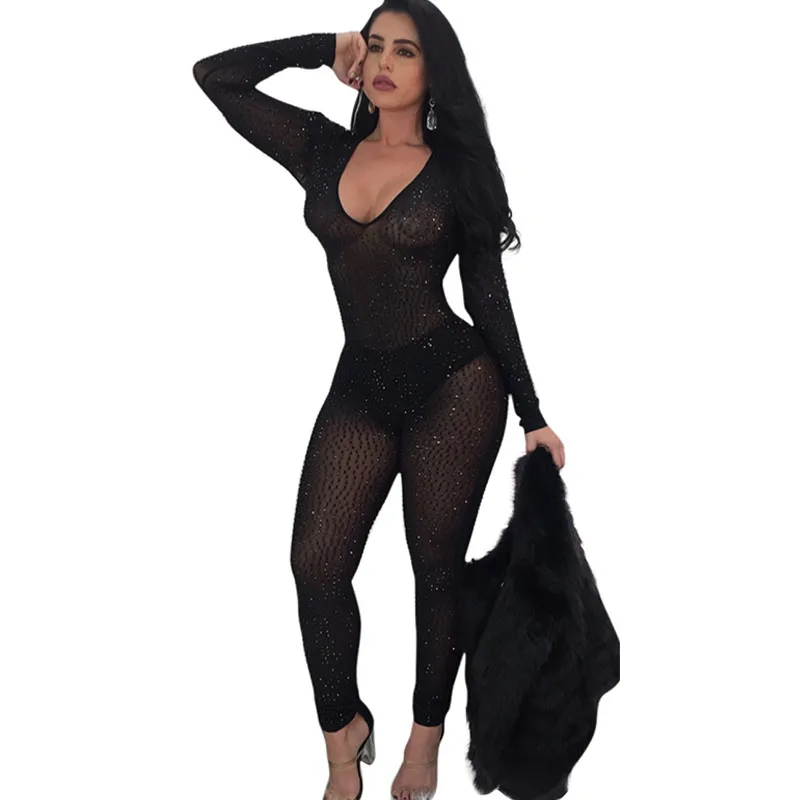 Sexy Mesh Rhinestone Glitter Sheer jumpsuit Women Long Sleeve See