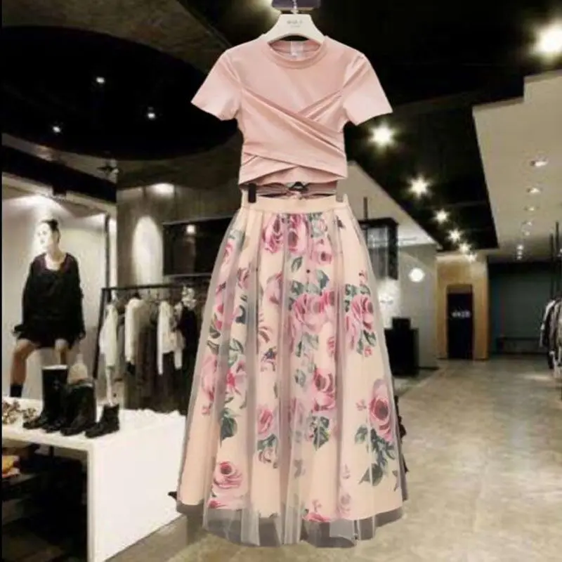 

Women Irregular T Shirt+Mesh Skirts Suits Bowknot Solid Tops Vintage Floral Skirt Sets for Elegant Woman