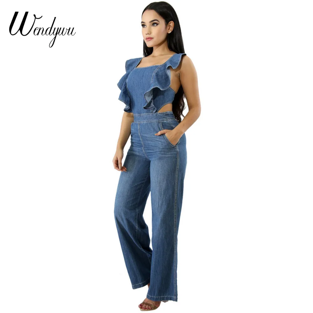 Wendywu, новинка, Модный женский сексуальный джинсовый комбинезон с открытой спиной, оборками, рукавами, широкими штанинами, комбинезон с карманами, комбинезоны, длинные штаны
