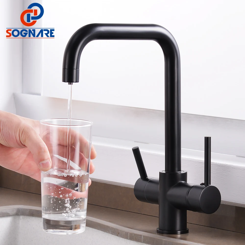  SOGNARE Black Kitchen Faucets Drinking Water Filter Faucet Dual Handle Hot Cold 3-way Filter Kitche