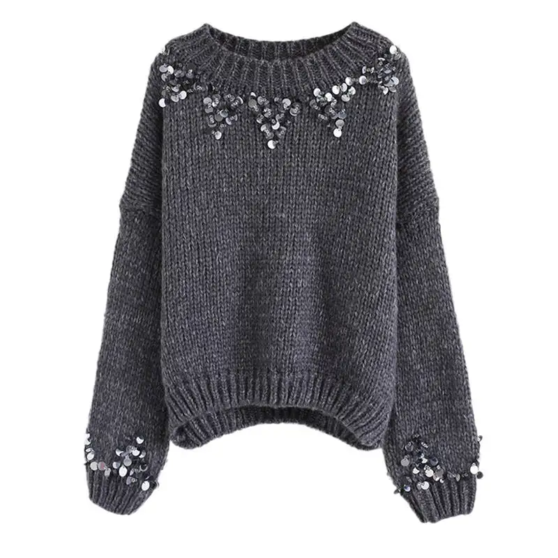 Женский пуловер с блестками, свободный свитер с длинным рукавом, топы, Вязаная блуза, вязаный свитер для женщин, pull femme hiver#35N30# F - Цвет: Темно-серый