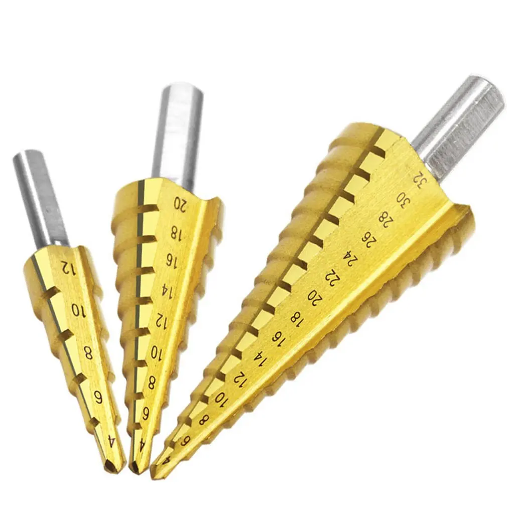 

HSS 4241 Triangle Handle Titanium Plated Spiral Groove Step Drill Step Drill Pagoda Drill Multi-function Drill 4-12/4-20/4-32