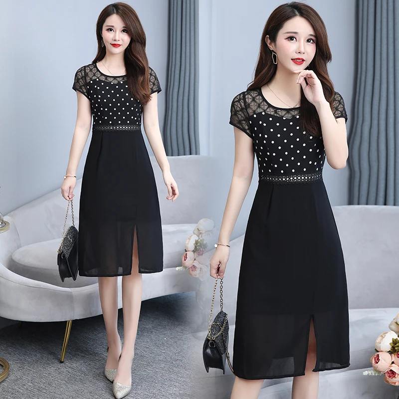 

womens woman ladies summer dots mesh Patchwork big plus size L-5XL XXL XXXL 3XL XXXXL 4XL 5XL slim A-Line Skater Casual dress