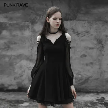 

PUNK RAVE Women Fashion Strapless Lovely Chiffon Dresses Sexy V-collar Women Dress Victorian Style Summer Short Sleeve Dresses