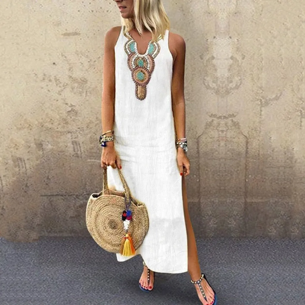 Womens Printed Sleeveless V Neck Maxi Dress Split Hem Baggy Kaftan 