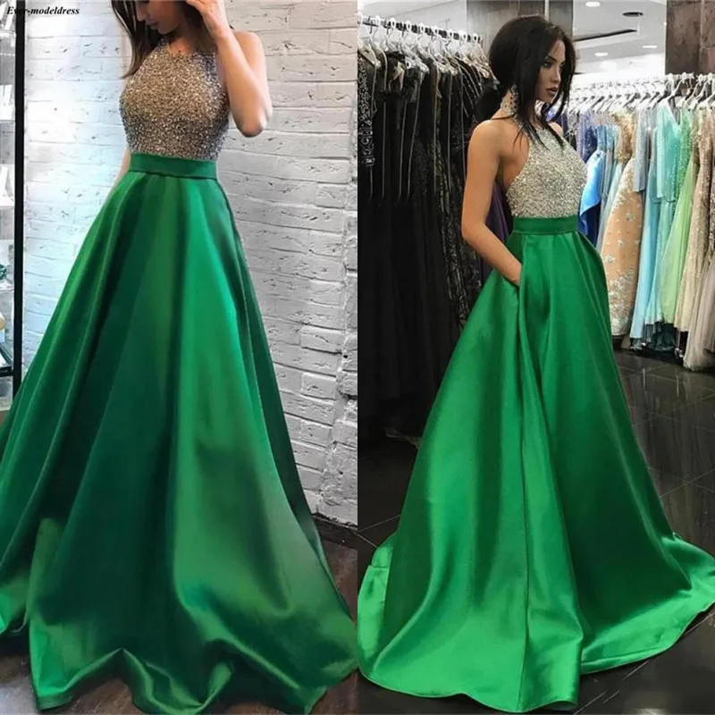 

Sparkly Green Satin Evening Dresses Halter Beaded Crystals A-Line Arabic Dubai Special Occasion Gowns With Pockets Abendkleider