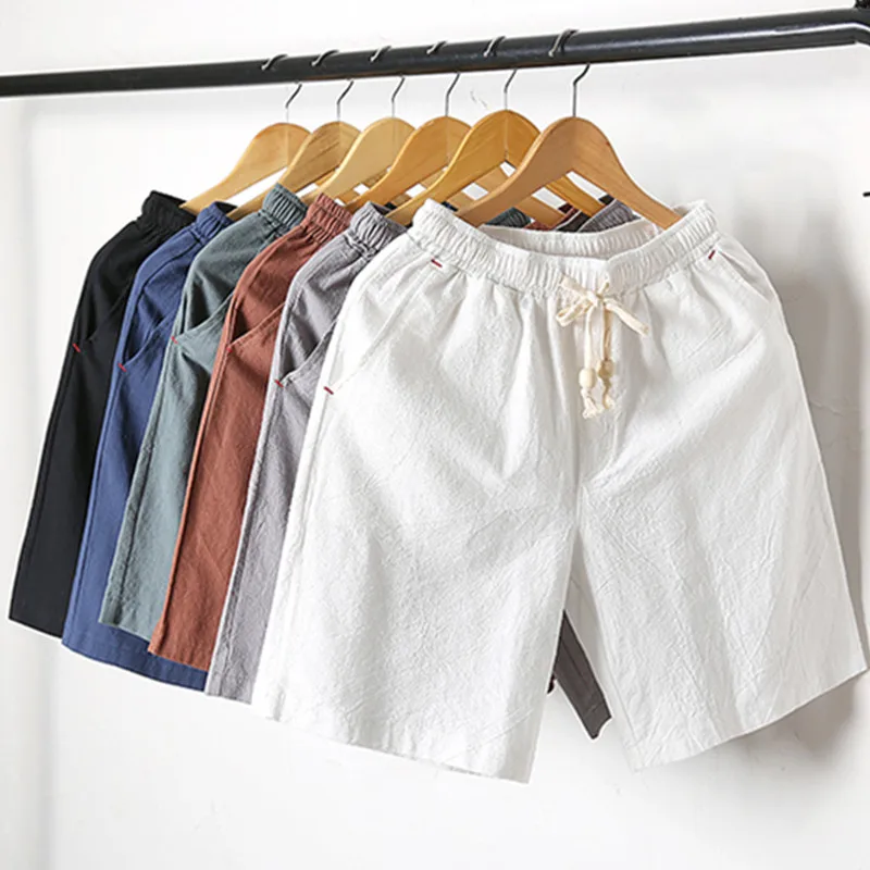 2018 summer New Fashion Mid Elastic Waist Loose Casual Solid Quality Summer New Flax Man Blue White Beach Thin Linen Men Shorts