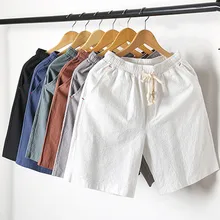 2018 summer New Fashion Mid Elastic Waist Loose Casual Solid Quality Summer New Flax Man Blue White Beach Thin Linen Men Shorts