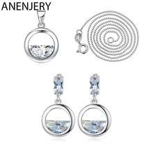 Anenjery 925スターリングシルバージュエリーセットラウンド形ジルコンウォータードロップネックレス + イヤリング女性のギフト