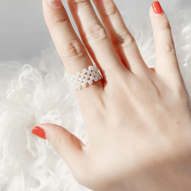 

Fashion Simple Elastic Ring For Women Pearl Woven Ring Feminine Multi-Row Pearl Adjustable Ring Bridesmaid Jewelry Bijoux Gifts