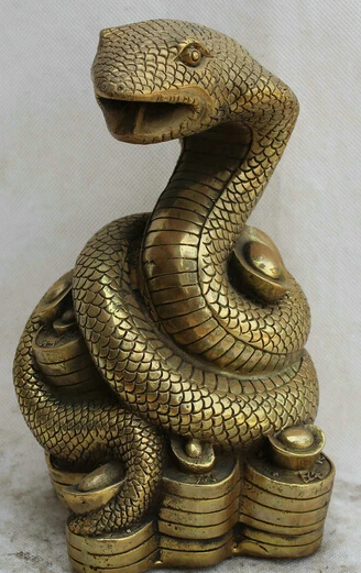 

JP S0524 9" Chinese Brass Wealth Feng Shui Zodiac Year Snake Money sculpture Statue (B0413)