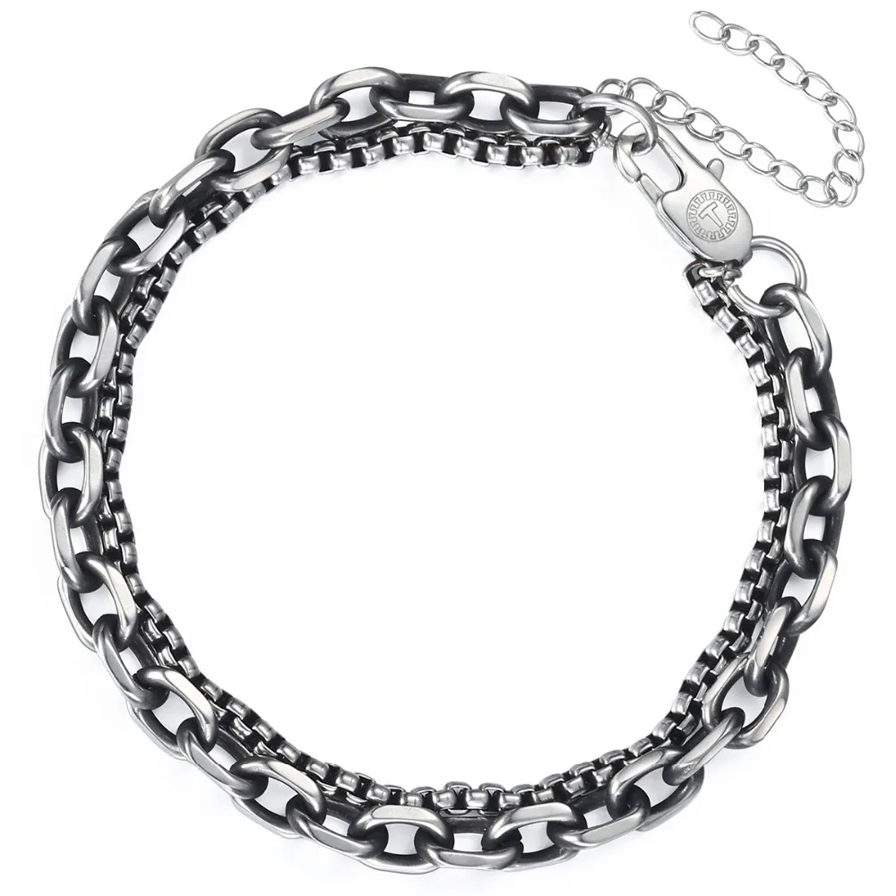 

Men's Bracelet Double Chain Gunmetal Stainless Steel Link Chain Bracelet Male Wholesale Jewelry Valentines Gifts for Men DB11