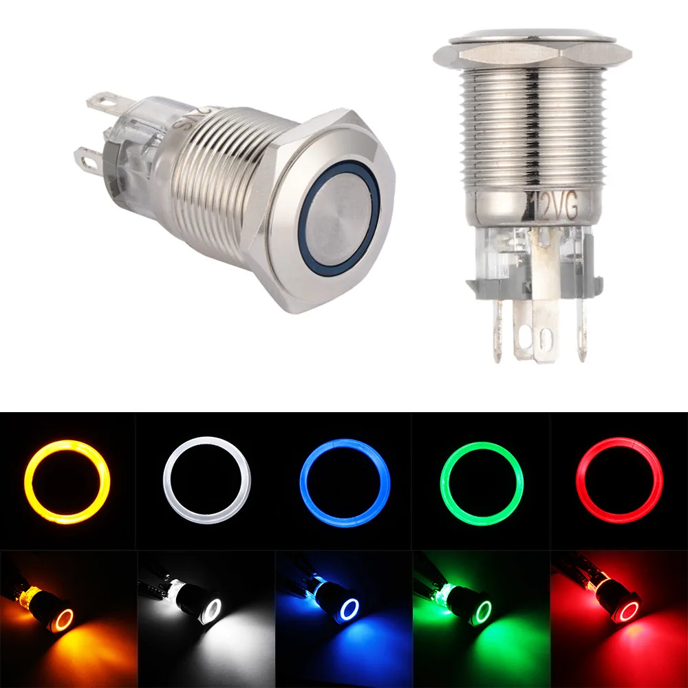 

16mm Waterproof Push Button Switch Ring LED light Momentary Latching Pushbutton Switches Red Blue Green Yellow White