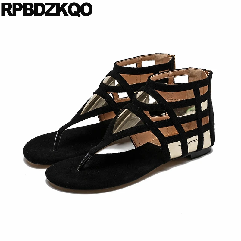 

Thong Cage Black Casual Women Sandals Flat Summer 2018 Ladies Open Toe Designer Booties Strap Boots Suede Comfortable Shoes