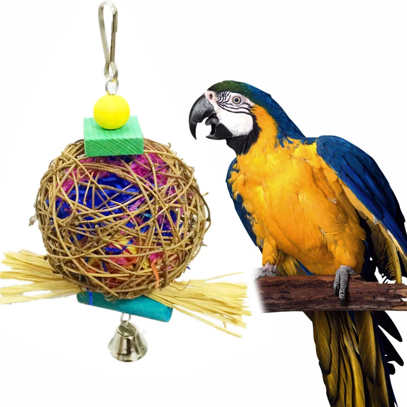 Bird Chewing Toy for Parrots Cockatoo Conure Cage Hanging Natural Rattan Ball HG99in Bird Toys