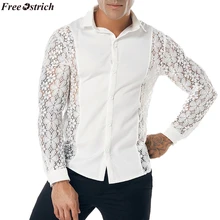 Страуса полный кружева ночной клуб Скелет лацкане рубашка длинное платье мужская с длинным рукавом пропускная способность сосновый Топ осень весна