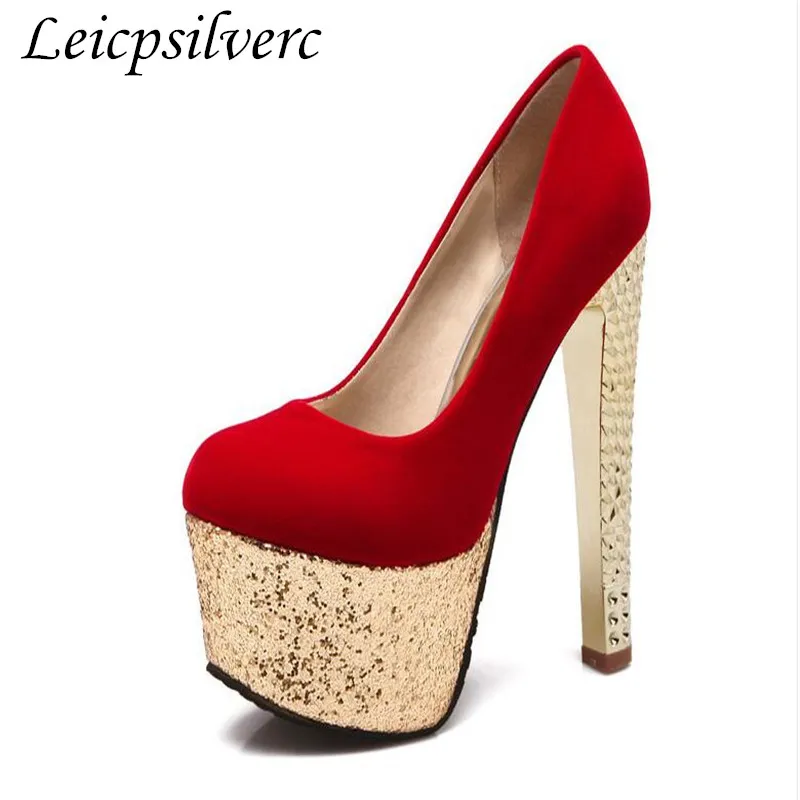 

Spring and Autumn New Women's wedding shoes high heel shoes high heel waterproof table sequins thick with 16cm large size 34-48.