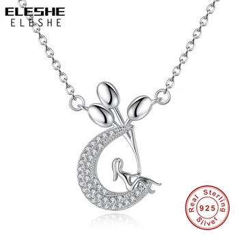 

ELESHE Delicate Balloon Girl & Moon Necklace 925 Sterling Silver Moon Pendant Necklace With 45cm Chain for Women Jewelry Gift