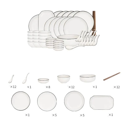 Нордическая фарфоровая кухонная посуда, набор для 2 человек/4 человека/6 человек/8 человек/12 человек, простая тарелка, белая черная линия, керамический набор посуды - Color: 12person 58pcs