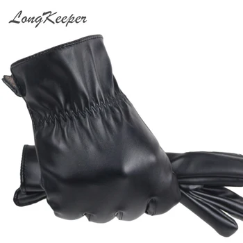 

LongKeeper 2020 High Quality Spring Winter Male PU Leather Thick Black Touch Screen Gloves Man Car Driving Mittens Gants Mujer