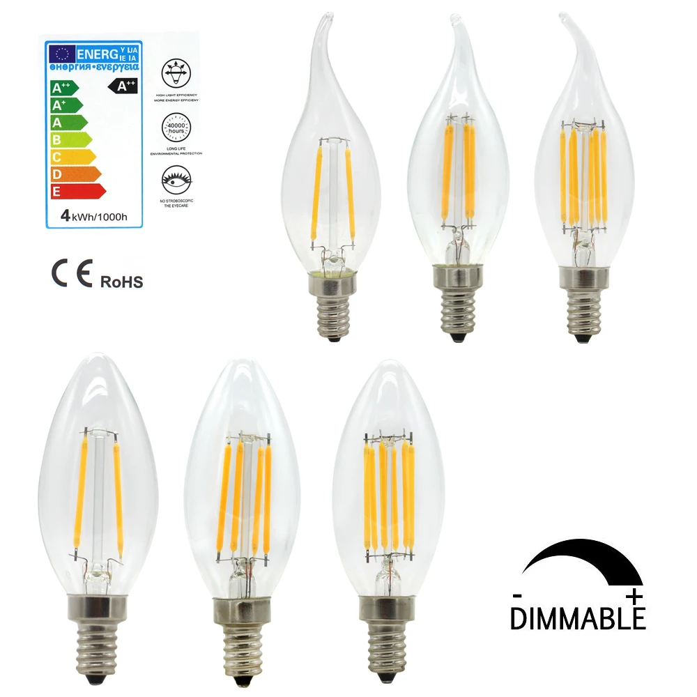 

Dimmable E12 E14 Edison LED Filament Bulbs 2W 4W 6W Candelabra Base Vintage Candle Light Flame Lighting COB Home Decor Lamps